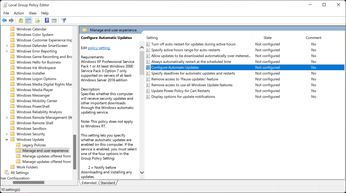 Windows Update settings in Windows Group Policy Editor